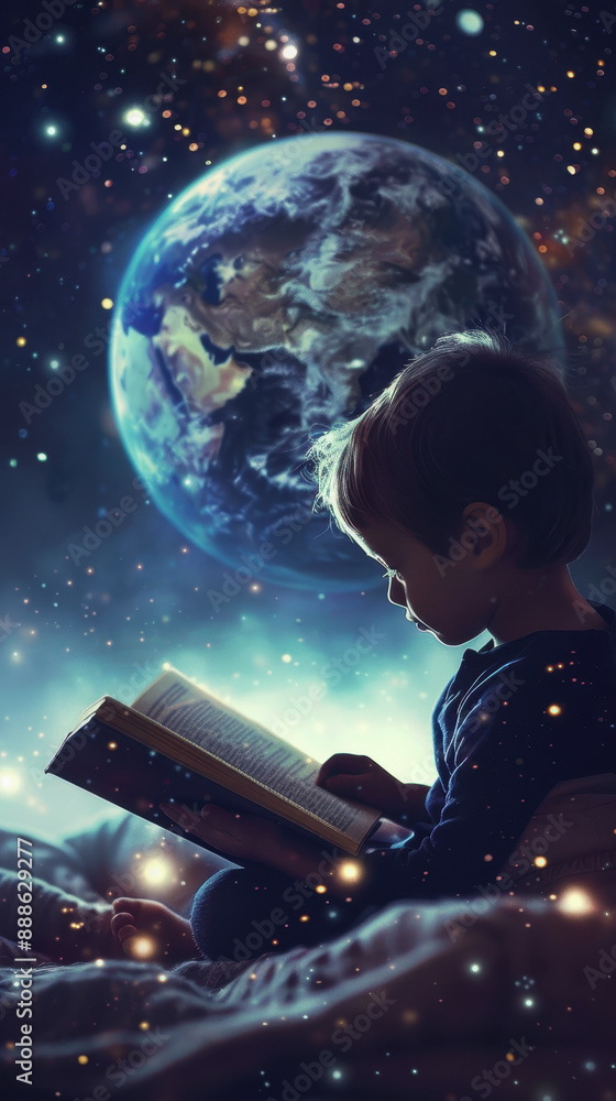 Naklejka premium International Day of the Social Pedagogue. World Teacher's Day. A boy reads a book against the background of the planet