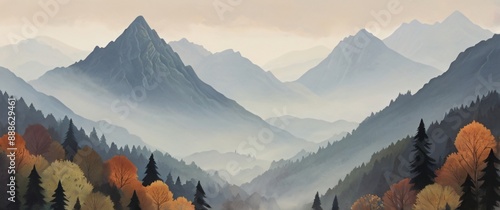 illustration of beauty mountains with mist 