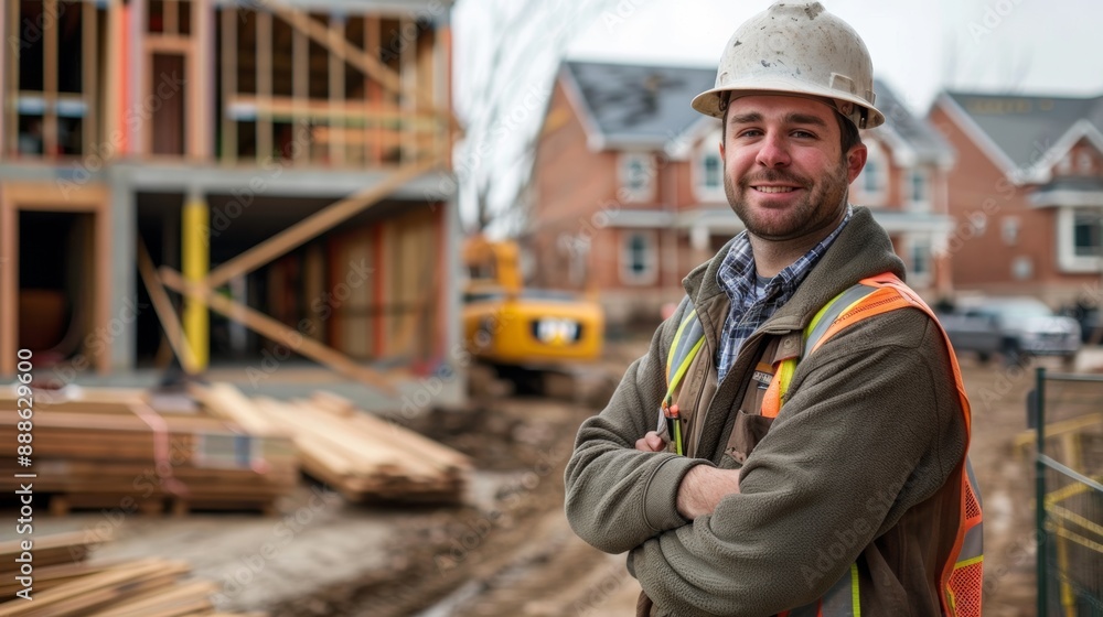 Photograph of a male construction contractor posing in front of a construction site, looking at the camera, smiling. Photograph of a male construction contractor posing in front of a construction site, looking at the camera, smiling.