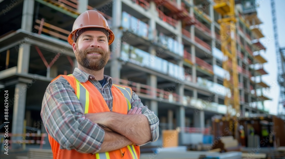 Obraz premium Photograph of a male construction contractor posing in front of a construction site, looking at the camera, smiling.