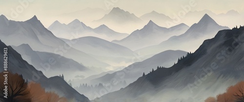 illustration of beauty mountains with mist 
