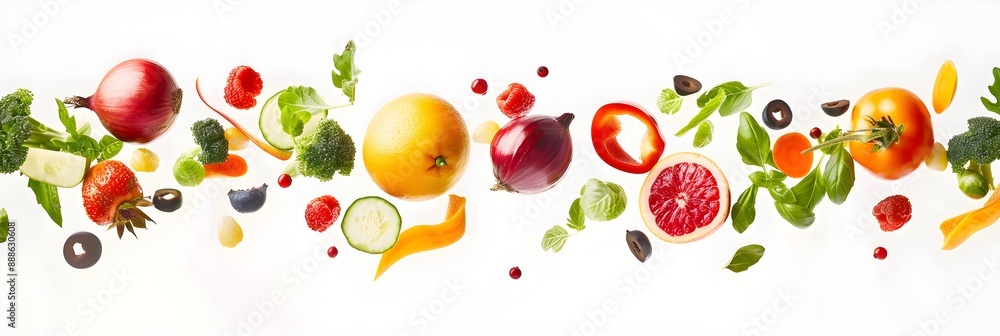 Fresh fruits and vegetables in mid-air, isolated on white, capturing the essence of healthy and wholesome eating Fresh fruits and vegetables in mid-air, isolated on white, capturing the essence of healthy and wholesome eating