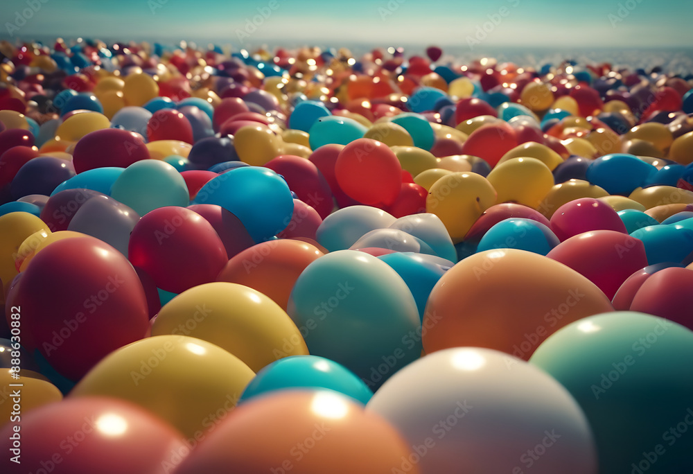 Obraz premium A vast collection of colorful balloons floating on water under a clear sky.