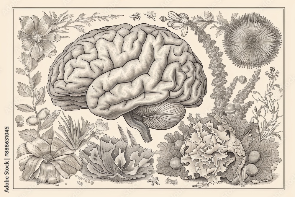 © Leo Rohmann - Vintage brain illustration with floral patterns conceptual art creative design modern illustration brain study artistic representation detailed brain unique patterns vintage style