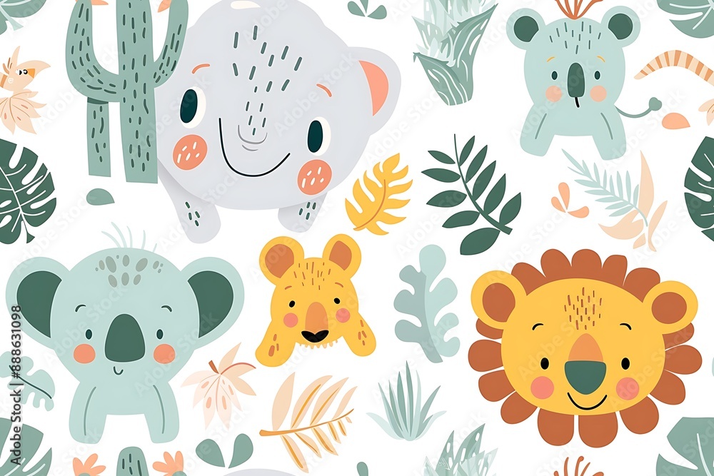 Seamless pattern with cute animals and plants Seamless pattern with cute animals and plants