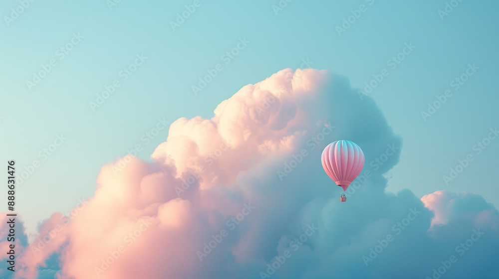 Obraz premium Pink Hot Air Balloon Floating Among Soft Clouds in Blue Sky..