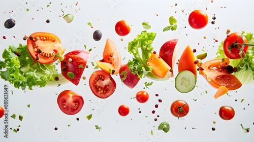 Fresh fruits and vegetables in mid-air, isolated on white, capturing the essence of healthy and wholesome eating