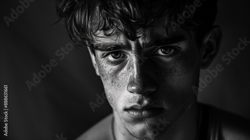 B&W Photography of a Young Man with a Melancholic Expression, Showing Sadness