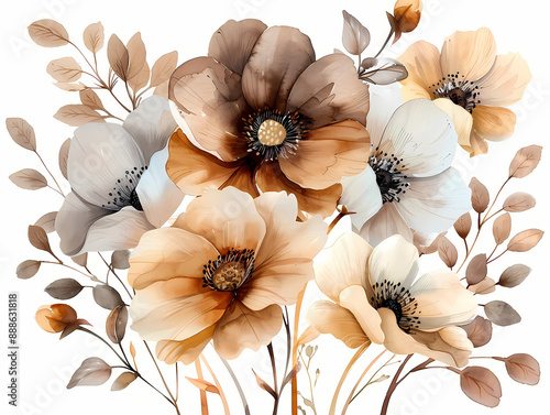 dark taupe & light brown flowers bouquet , watercolor, isolated on white background