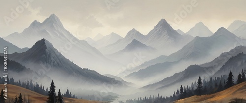 illustration of beauty mountains with mist 