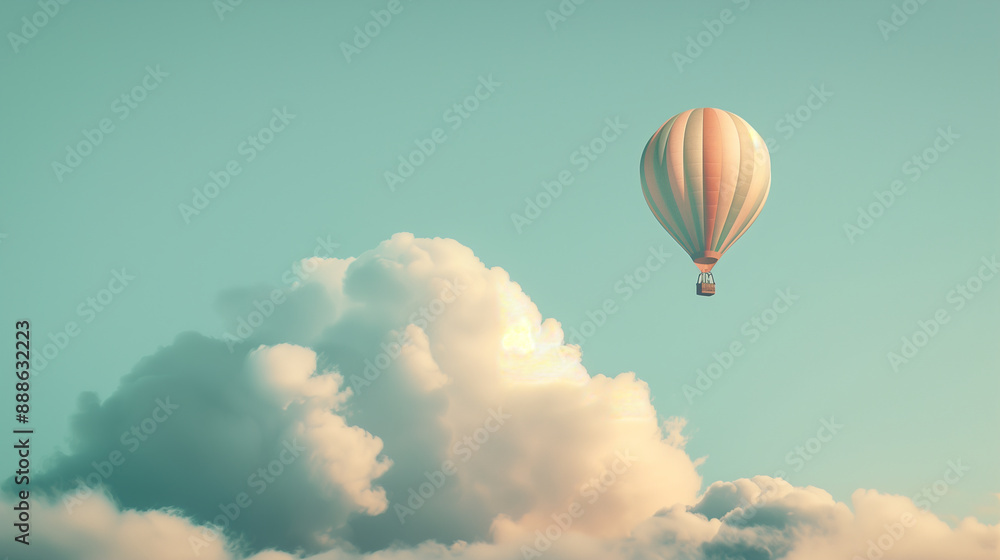 Fototapeta premium Pink Hot Air Balloon Floating Among Soft Clouds in Blue Sky..