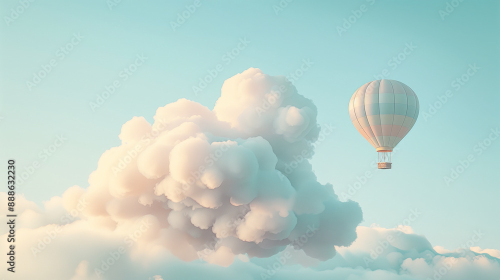 Fototapeta premium Pink Hot Air Balloon Floating Among Soft Clouds in Blue Sky..