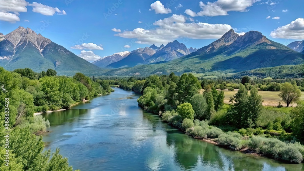 Fototapeta premium Beautiful natural landscape featuring majestic mountains, lush forests, and a tranquil river, mountains, forest, river