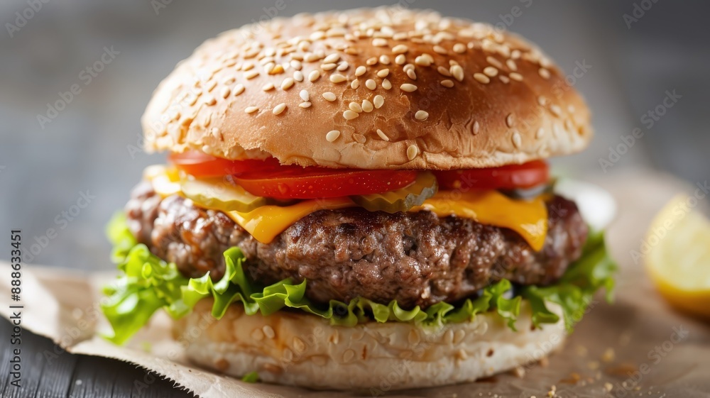 A classic American cheeseburger with all the fixings. A classic American cheeseburger with all the fixings.
