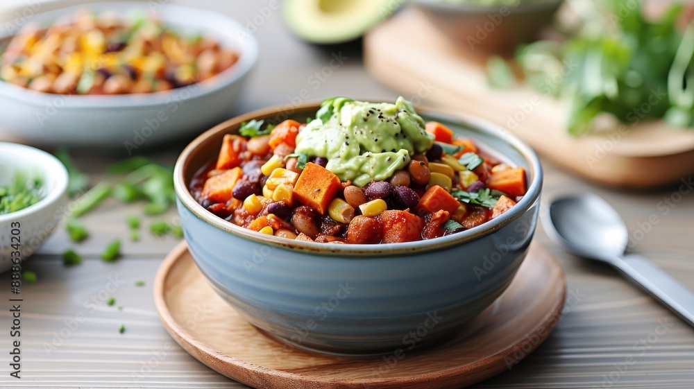 A hearty bowl of vegetarian chili with smoky chipotle broth and avocado crema. A hearty bowl of vegetarian chili with smoky chipotle broth and avocado crema.