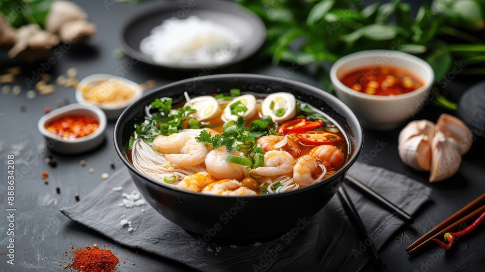 A vibrant Vietnamese lau pot with flavorful broth and fresh seafood. A vibrant Vietnamese lau pot with flavorful broth and fresh seafood.