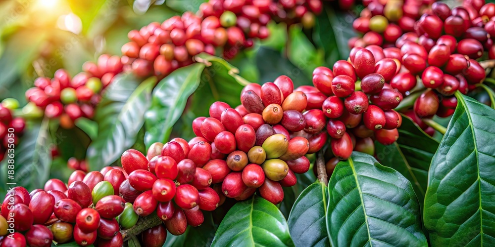 Close up of ripe red berries, Arabica coffee beans and nuts ready for harvest on a farm garden, nuts, berries, Arabica coffee beans Close up of ripe red berries, Arabica coffee beans and nuts ready for harvest on a farm garden, nuts, berries, Arabica coffee beans