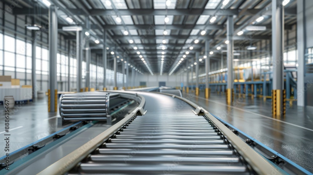 Modern Industrial Conveyor System in a Spacious Warehouse with Automated Logistics Equipment Modern Industrial Conveyor System in a Spacious Warehouse with Automated Logistics Equipment