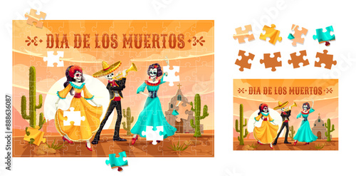 Day of the dead Mexican holiday jigsaw puzzle quiz game pieces. Dia de los muertos educational vector worksheet for preschool children with funny cartoon Catrina dancers and mariachi skeleton musician