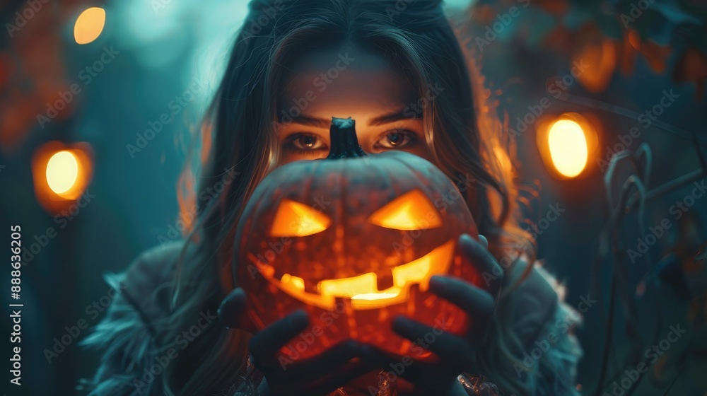 Fototapeta premium Woman Holding Carved Halloween Pumpkin in Spooky Evening Forest with Glowing Jack-o'-Lanterns