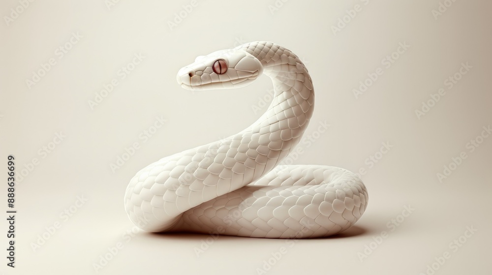 Fototapeta premium White Snake Sculpture with Pink Eyes on Neutral Background - Modern Minimalist Design
