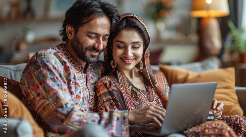 Couples go to technology life together: a happy life with wireless Internet and laptop at home, and a happy shopping experience with tablets and computers sitting on the sofa Couples go to technology life together: a happy life with wireless Internet and laptop at home, and a happy shopping experience with tablets and computers sitting on the sofa