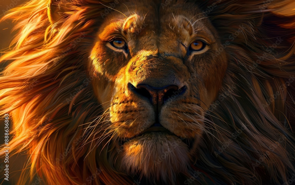 Naklejka premium Close-up of a majestic lion with a flowing mane, capturing the strength and intensity of the king of the jungle.