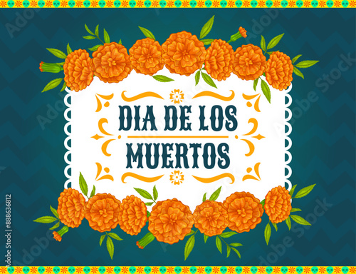Day of the dead mexican holiday frame with marigold flowers. Dia de los muertos border. Vector template with cempasuchil or tagetes blooms for celebration, honoring ancestry memories and tradition