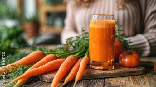 Fresh Carrot Juice in Glass Surrounded by Raw Carrots and Tomatoes