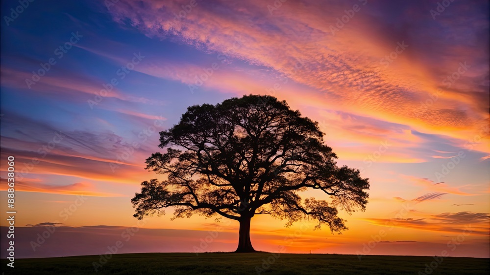 Twilight view of oak tree silhouette against dusky sky with soft evening glow, twilight, window, silhouette, oak tree, dusk Twilight view of oak tree silhouette against dusky sky with soft evening glow, twilight, window, silhouette, oak tree, dusk