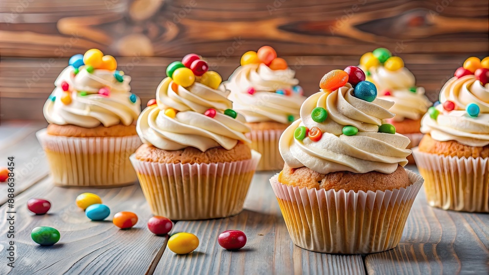 Delicious cupcakes with creamy frosting and candy decorations, cupcakes, creamy, frosting, candy, delicious, sweet, treats Delicious cupcakes with creamy frosting and candy decorations, cupcakes, creamy, frosting, candy, delicious, sweet, treats