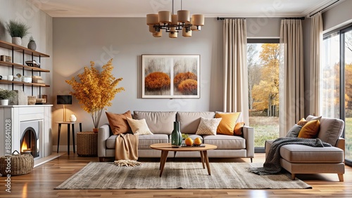 Cozy and minimalist autumn living room with neutral colors and warm textures, autumn, living room, interior design, minimalist