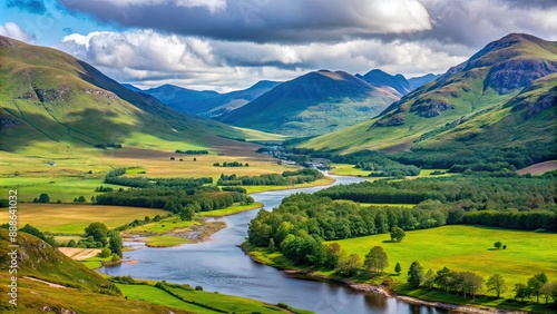 Majestic Highlands of Scotland with winding rivers, lush green valleys, and towering mountains , Scotland, Highlands