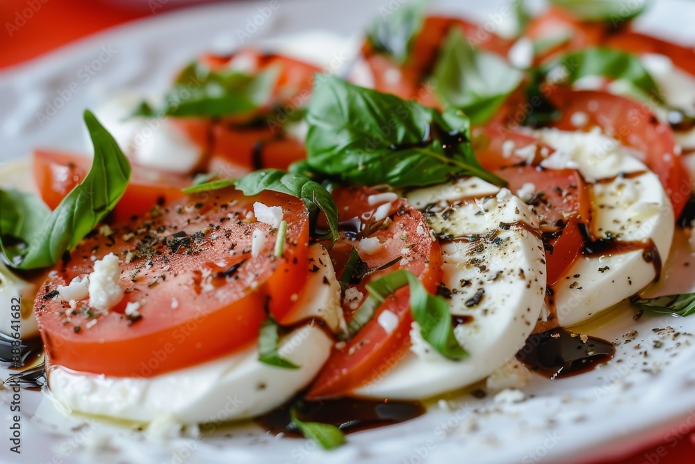 Italian Caprese salad with Mozzarella and Tomato on white plate low carb diet red background Italian Caprese salad with Mozzarella and Tomato on white plate low carb diet red background