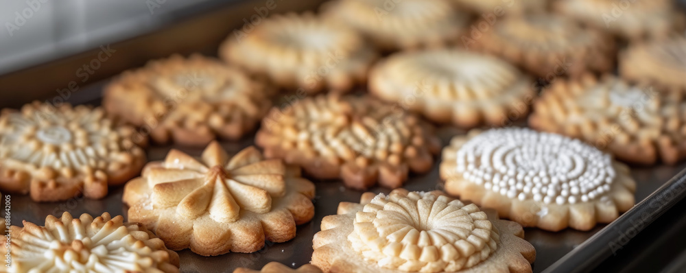 Freshly Baked Decorative Cookies on a Baking Tray in a Kitchen Setting Freshly Baked Decorative Cookies on a Baking Tray in a Kitchen Setting