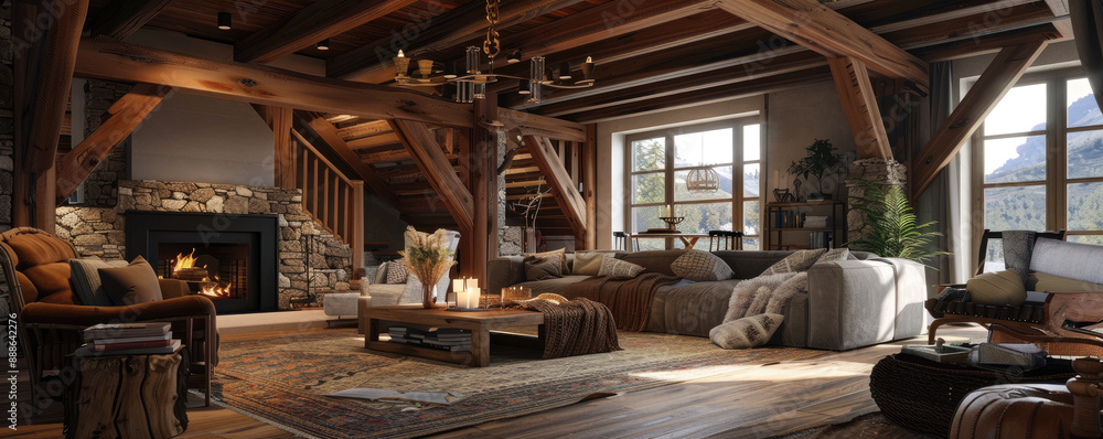 Cozy Rustic Living Room with Wooden Beams, Stone Fireplace, and Comfortable Seating in Mountain Cabin Cozy Rustic Living Room with Wooden Beams, Stone Fireplace, and Comfortable Seating in Mountain Cabin