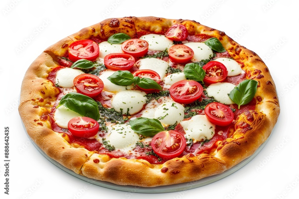 Italian pizza with tomatoes and mozzarella on white surface Italian pizza with tomatoes and mozzarella on white surface