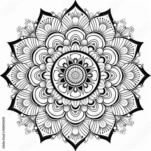 Symmetrical black line mandala featuring star patterns and fine detailing on white