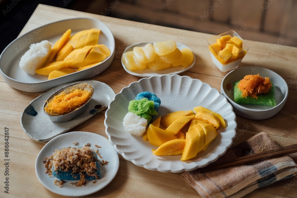 Delicious Thai mango sticky rice with cut fresh mango fruit in a plate on gray table background. Delicious Thai mango sticky rice with cut fresh mango fruit in a plate on gray table background.