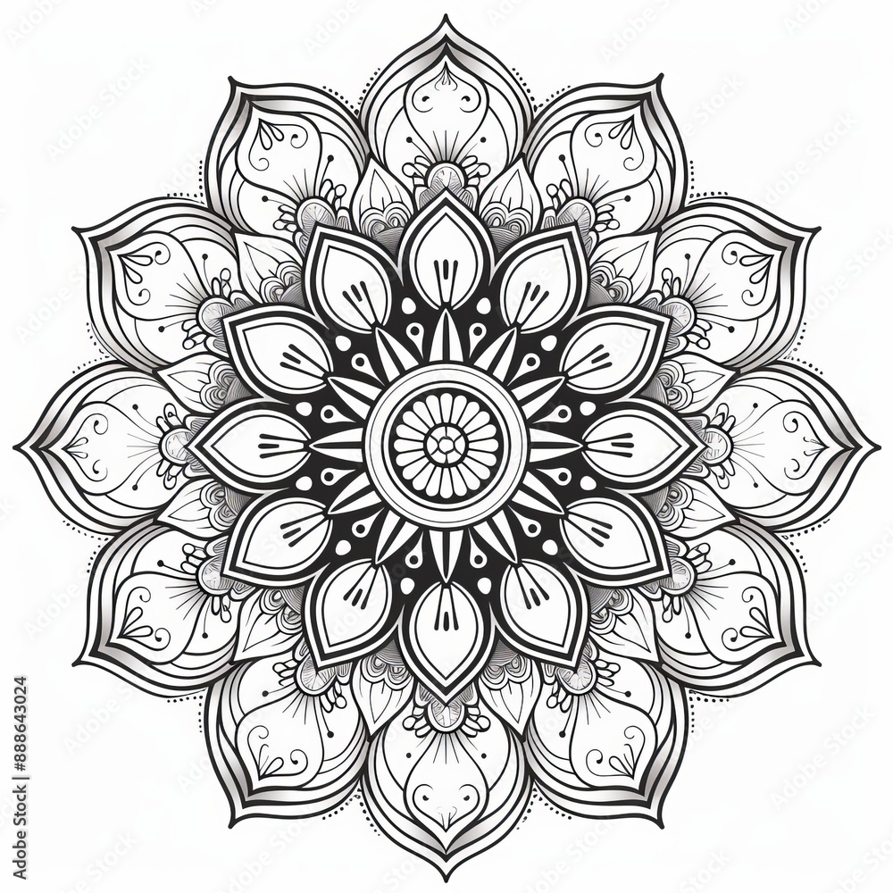 Symmetrical black line mandala with swirling vines and leaves on a white background Symmetrical black line mandala with swirling vines and leaves on a white background