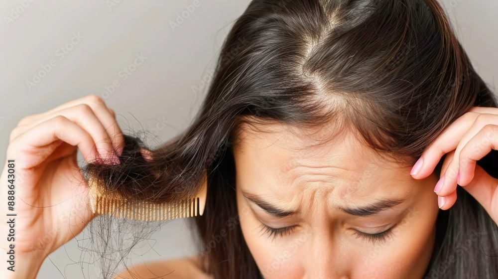 Naklejka premium Stressed woman combing or pulling her hair using a comb or brush, hair falling condition.