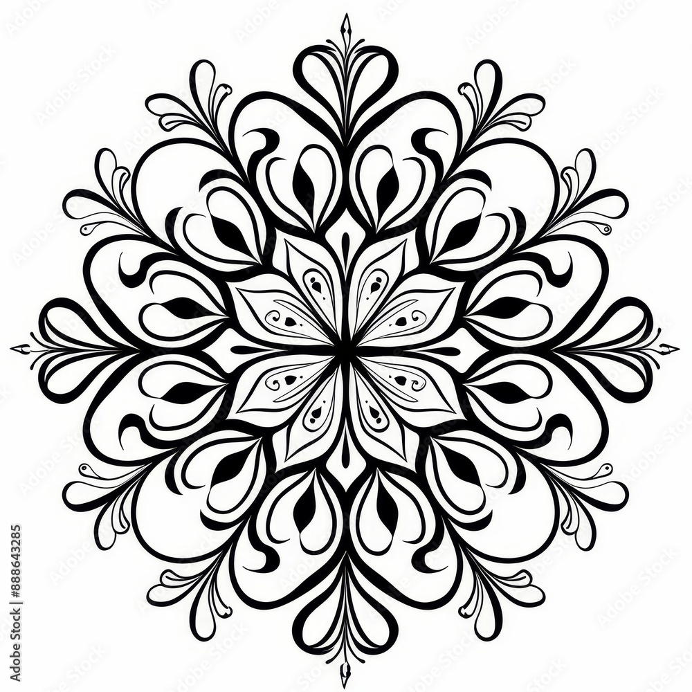 Symmetrical black line mandala with swirling vines and leaves on a white background Symmetrical black line mandala with swirling vines and leaves on a white background