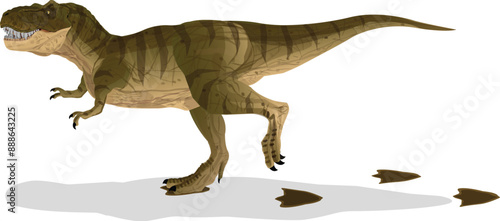 Cartoon Dinosaur Tyrannosaurus (T-rex) original color of nature. camouflage pattern are walked with footprints.
