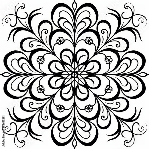 Symmetrical black line mandala with swirling vines and leaves on a white background