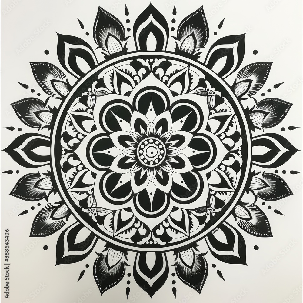 Symmetrical mandala featuring bold black lines and complex designs on white Symmetrical mandala featuring bold black lines and complex designs on white