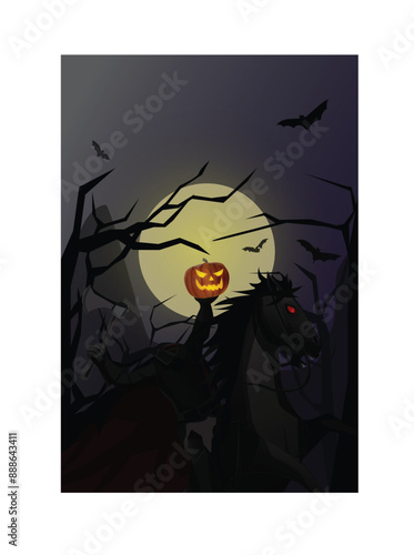 Cartoon : Ghost Knight Headless Horseman in legend On dark background Halloween.