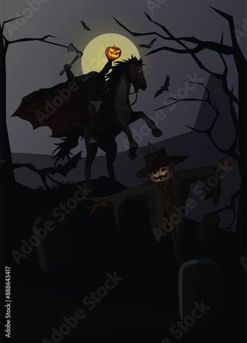 Cartoon : Ghost Knight Headless Horseman in legend and Pumpkin Scarecrow On dark background Halloween.