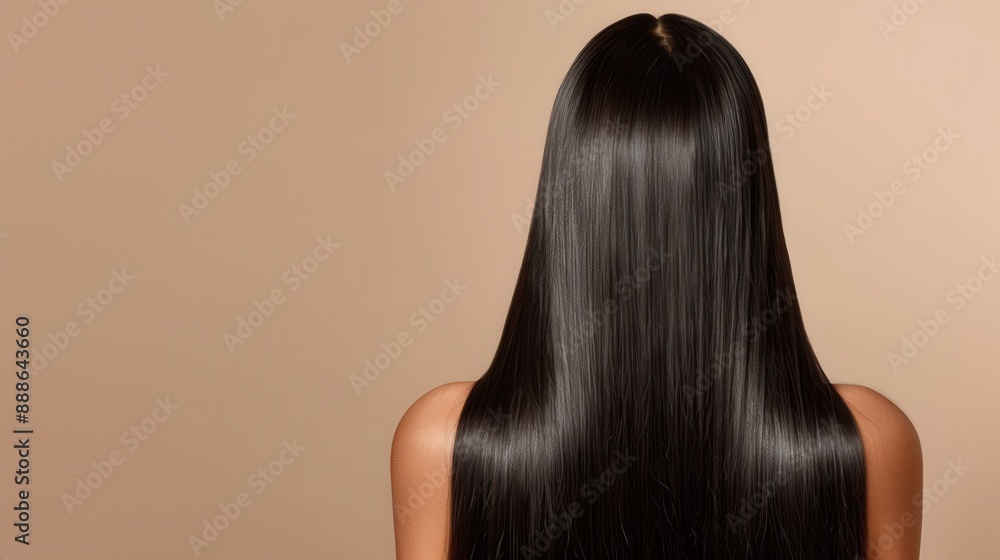 Healthy long-haired woman rear view close up. Smooth silky shiny straight hair concept. Ample copy space with a simple beige background. Healthy long-haired woman rear view close up. Smooth silky shiny straight hair concept. Ample copy space with a simple beige background.