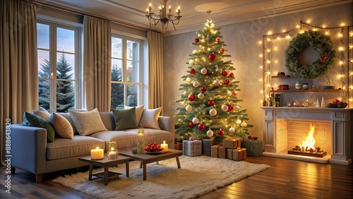 Cozy living room decorated for Christmas with a glowing tree and festive decor, Christmas, atmosphere, cozy, living room