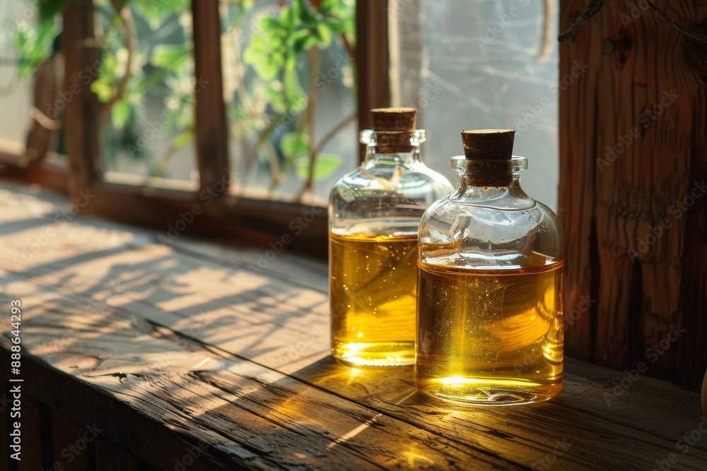 Jojoba oil in glass bottles on table Jojoba oil in glass bottles on table